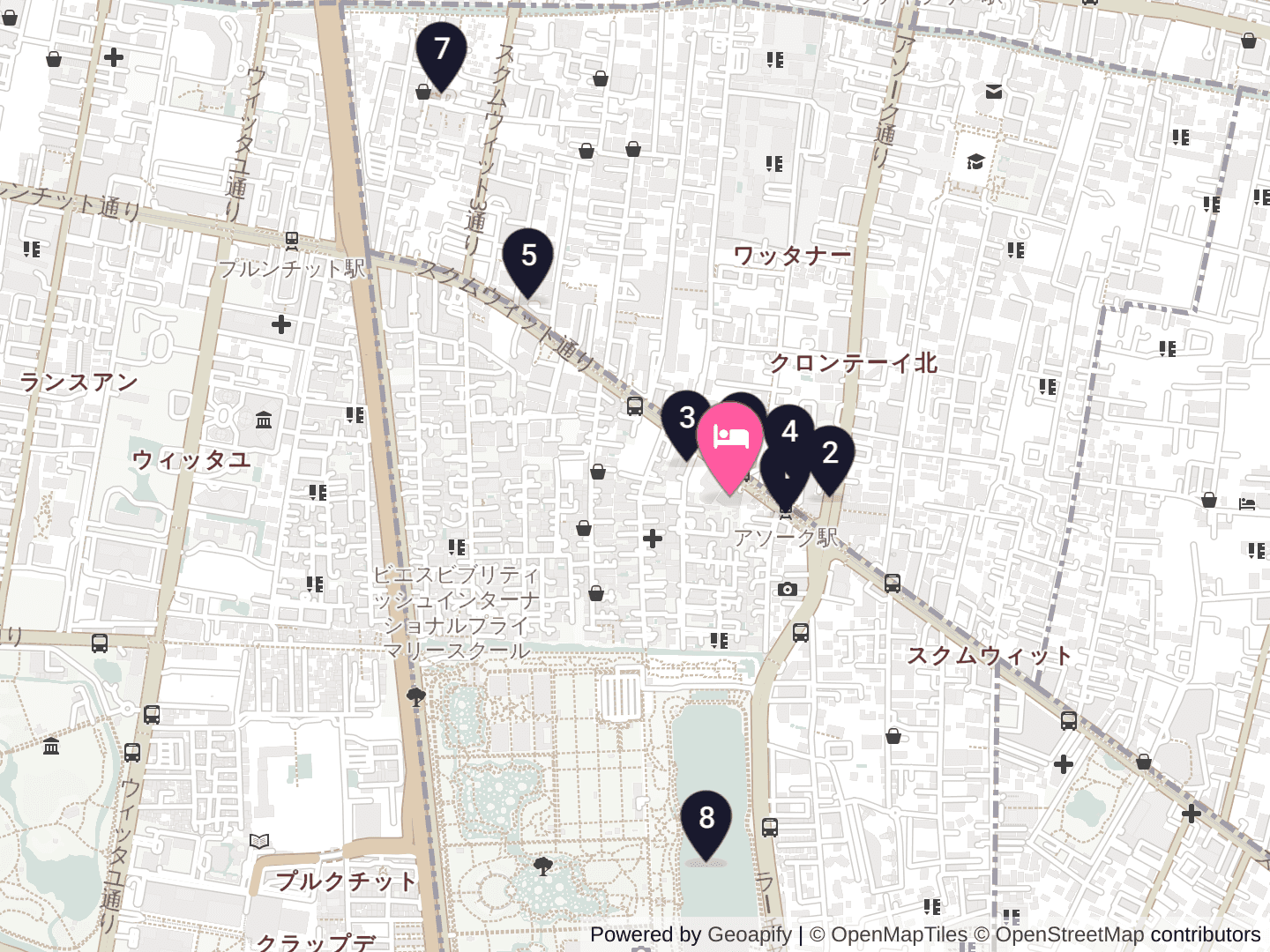 Sheraton Grande Sukhumvit, a Luxury Collection Hotelのまわりの地図。ピンクのピンが宿、番号のピンが下の一覧の場所