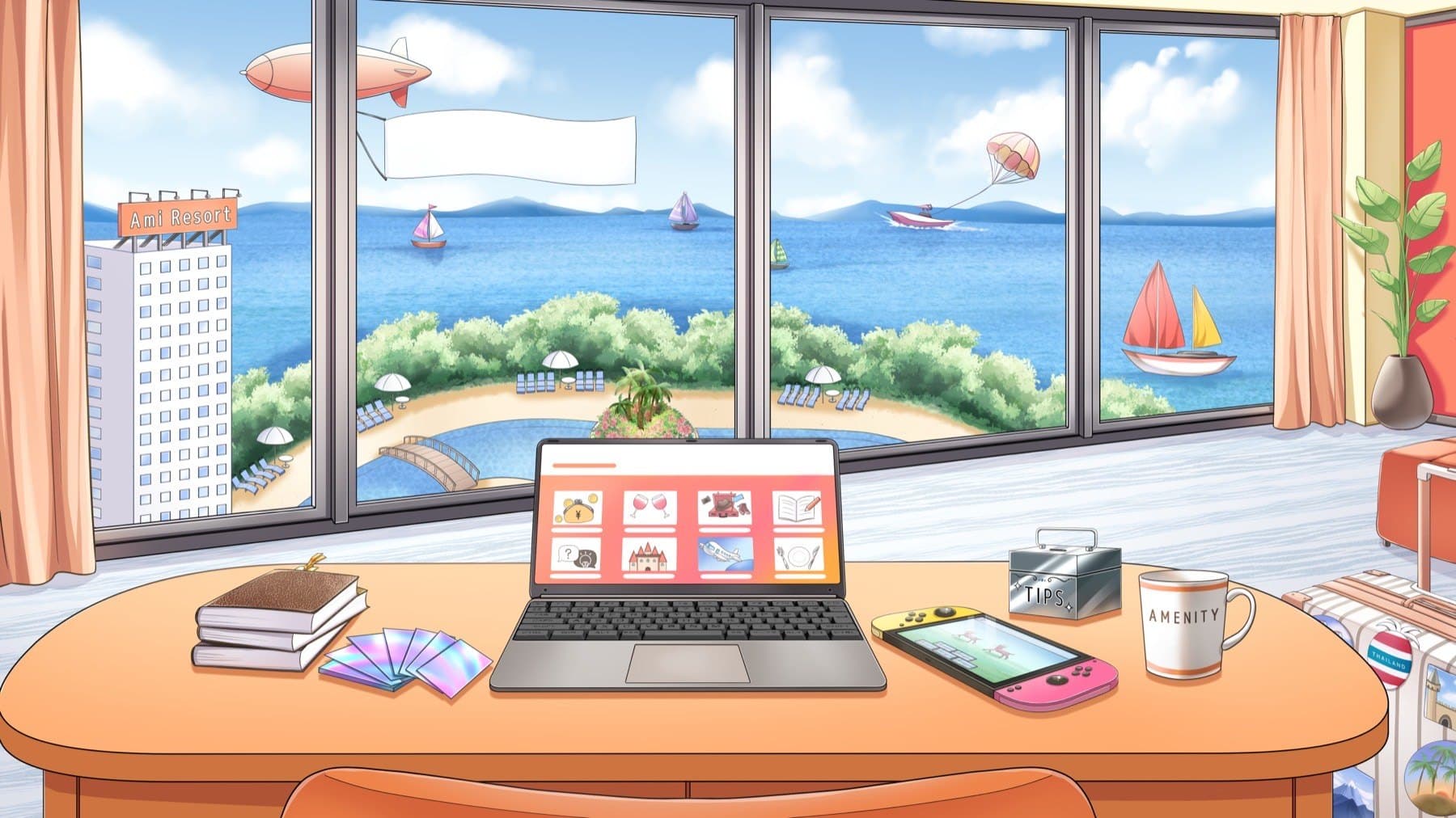 海に面した部屋の机。ノートPC、本の山、携帯ゲーム機、マグカップ、スーツケース。窓の外は砂浜と海。
