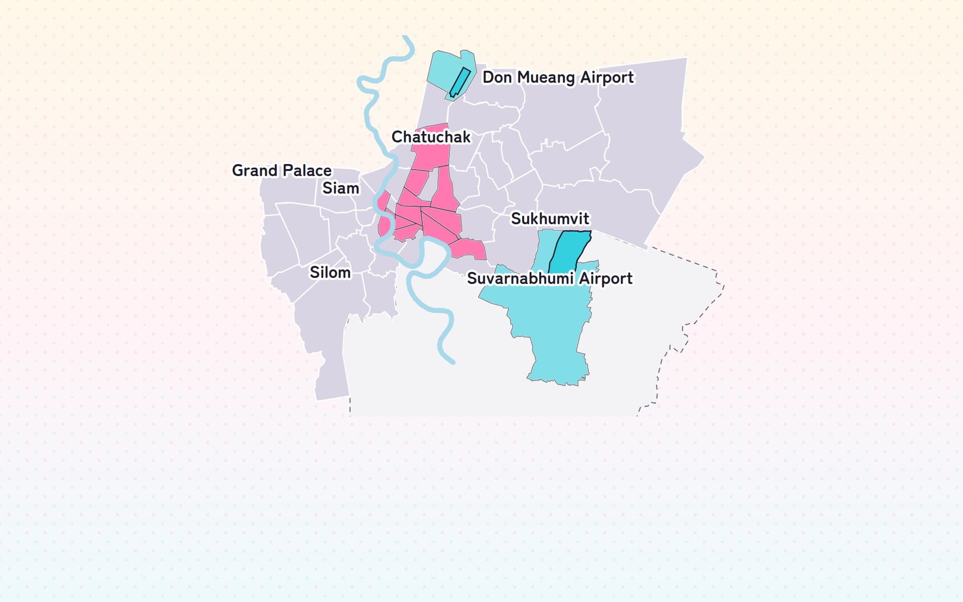 Map of Bangkok marking Don Mueang Airport, Chatuchak, the Grand Palace, Siam, Silom, Sukhumvit and Suvarnabhumi Airport.