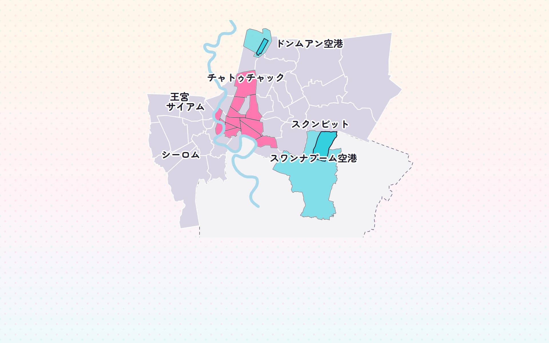 バンコクの地図に、ドンムアン空港・チャトゥチャック・王宮・サイアム・シーロム・スクンビット・スワンナプーム空港の位置を示した図。
