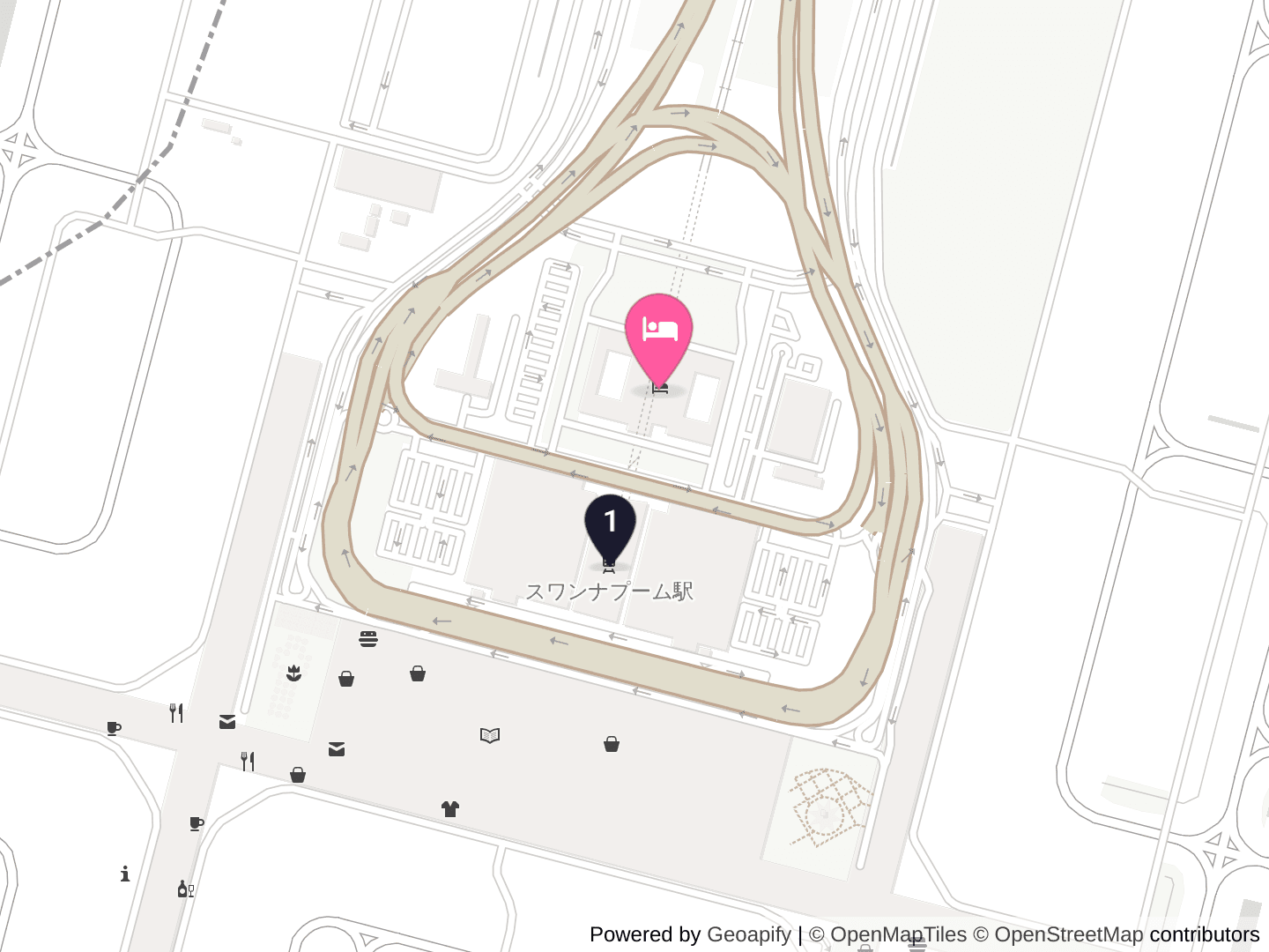 Hyatt Regency Bangkok Suvarnabhumi Airportのまわりの地図。ピンクのピンが宿、番号のピンが下の一覧の場所