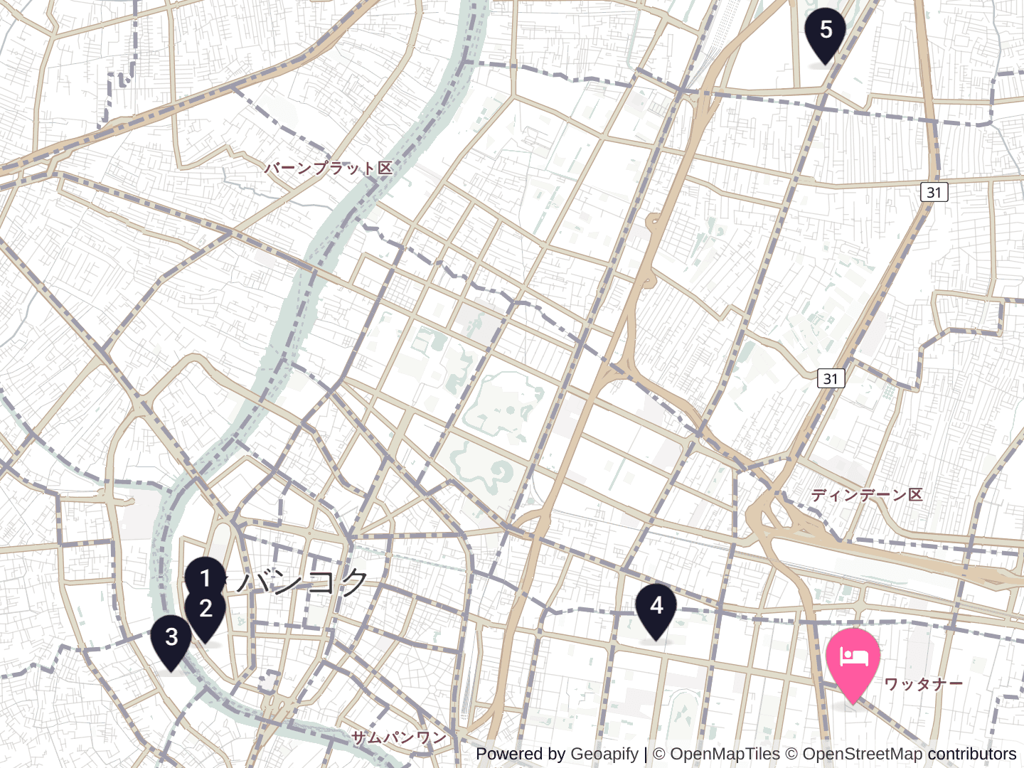 The Landmark Bangkokと主要な観光地の位置。ピンクのピンが宿、番号のピンが右の表の観光地